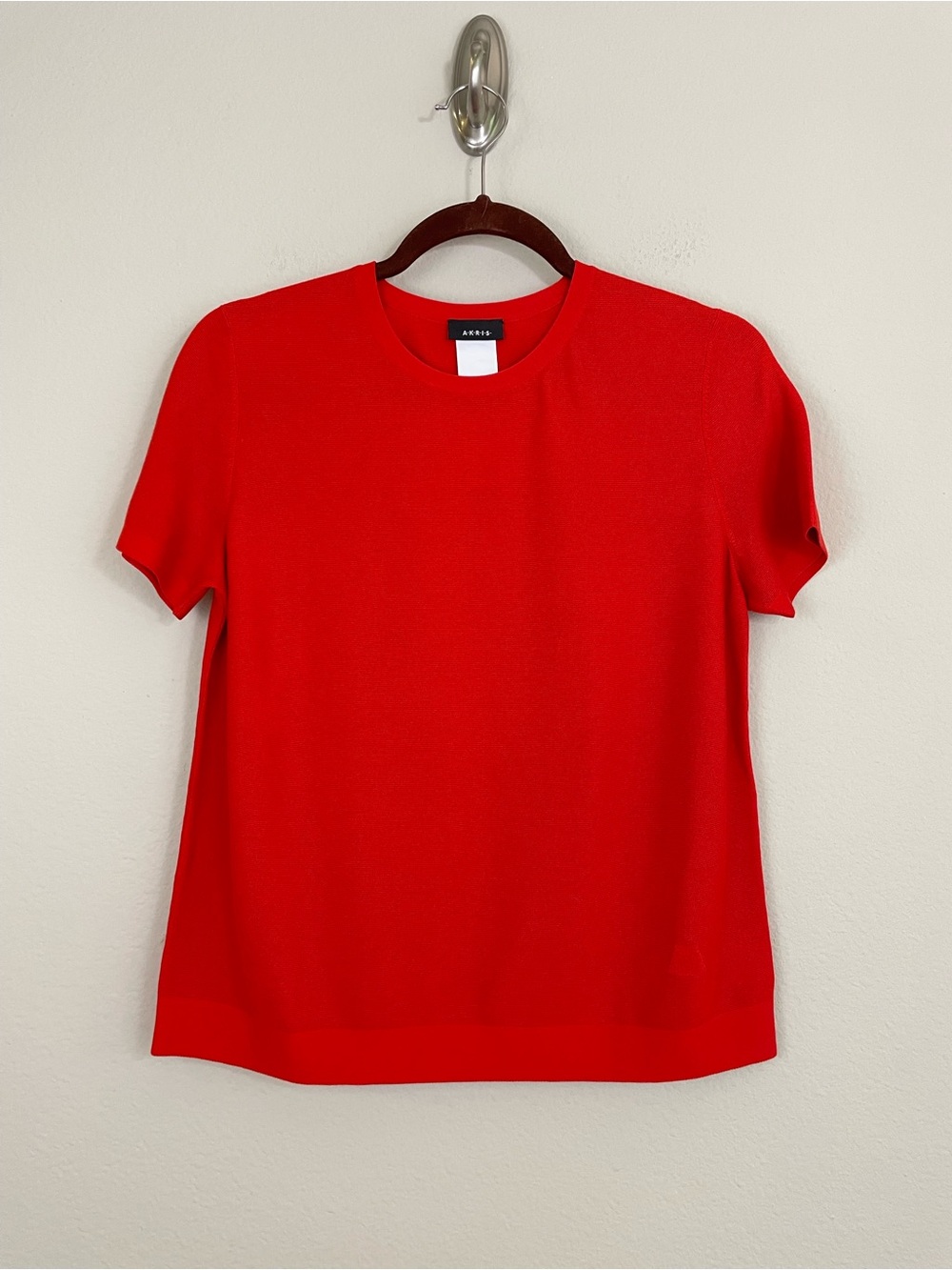 Akris Tomato Red Baumwolle-Cotton Short Sleeve Crewneck Knit Top Size 8 Classic